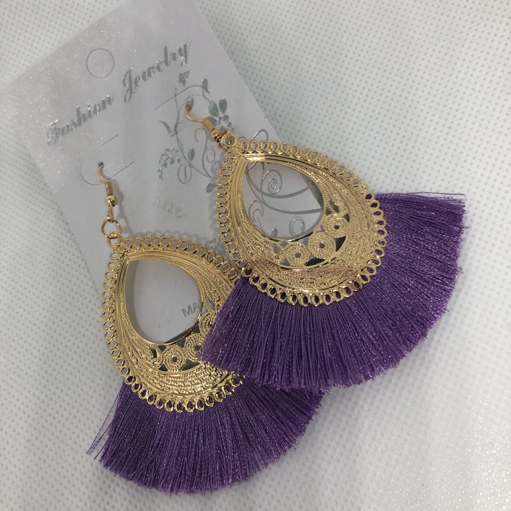 Purple Fan Tassel Fringe Earrings ✨Free Hoops✨
